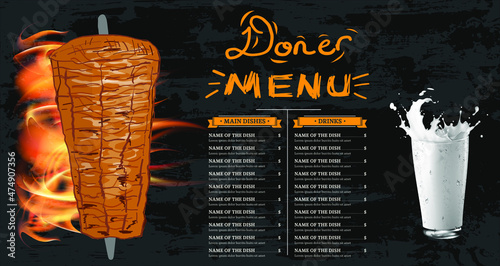 Shawarma cooking and ingredients for kebab. Doner kebab hand drawn. Middle eastern food. Fast food menu design elements. Restaurant cafe menu, template design. Food flyer. Vector.