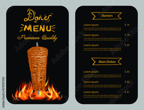 Shawarma cooking and ingredients for kebab. Doner kebab hand drawn. Middle eastern food. Fast food menu design elements. Restaurant cafe menu, template design. Food flyer. Vector.