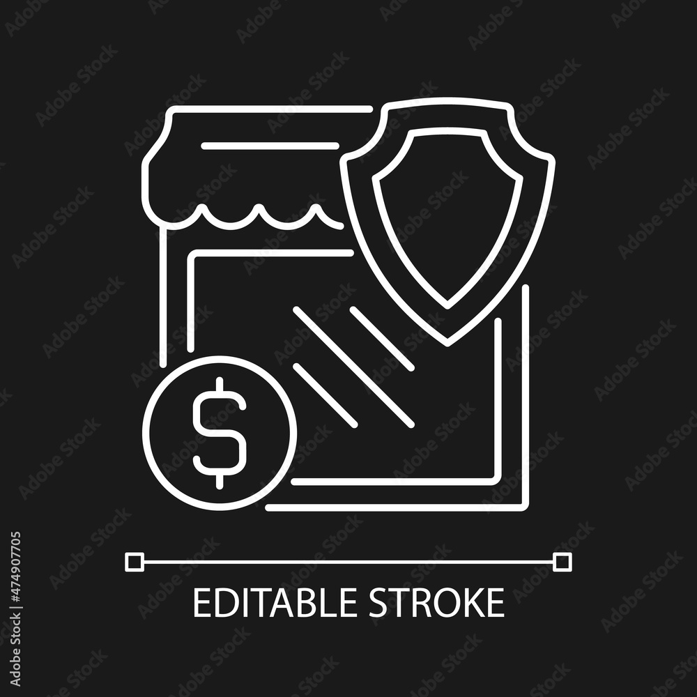 Small business insurance white linear icon for dark theme. Entrepreneur safety. Thin line customizable illustration. Isolated vector contour symbol for night mode. Editable stroke. Arial font used Small business insurance white linear icon for dark theme. Entrepreneur safety. Thin line customizable illustration. Isolated vector contour symbol for night mode. Editable stroke. Arial font used