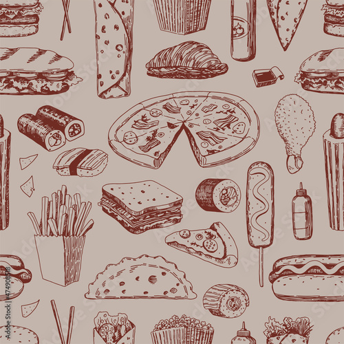 Fast food sketches seamless pattern. Delicious food ornament. Hand drawn vector illustration. Retro style design for decor, wallpaper, background, textile.