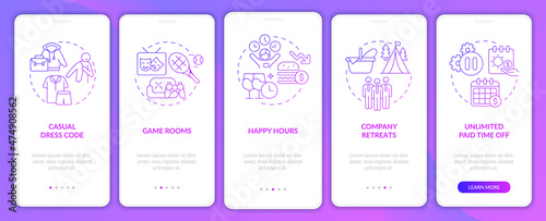 Working environment perks onboarding mobile app page screen. Company retreats walkthrough 5 steps graphic instructions with linear concepts. UI, UX, GUI template. Myriad Pro-Bold, Regular fonts used