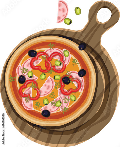 hand drawn pizza with olives and peppers illustration