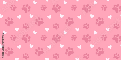 Vector illustration of animal paw print with heart on pink color background. Flat style design of seamless pattern with cat paw