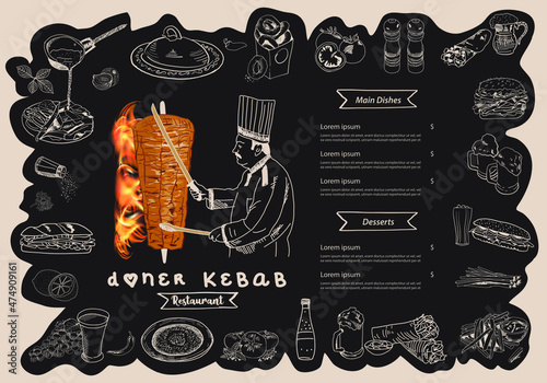 Shawarma cooking and ingredients for kebab. Doner kebab hand drawn. Middle eastern food. Fast food menu design elements. Restaurant cafe menu, template design. Food flyer. Vector.