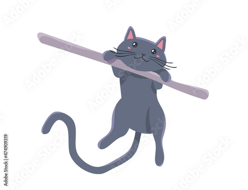 Vector illustration of happy cute gray cat character on white color background with shadow and stick. Flat style design of hanging on stick animal cat