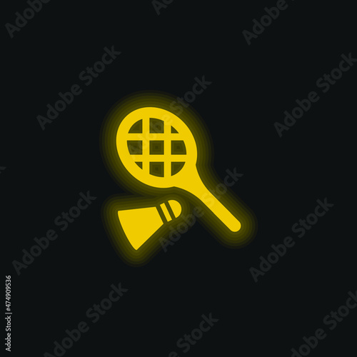 Badminton RAcket And Feather yellow glowing neon icon