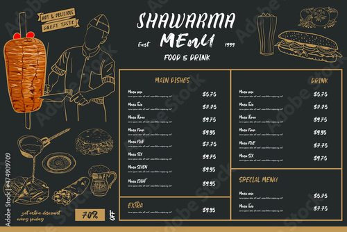 Shawarma cooking and ingredients for kebab. Doner kebab hand drawn. Middle eastern food. Fast food menu design elements. Restaurant cafe menu, template design. Food flyer. Vector.