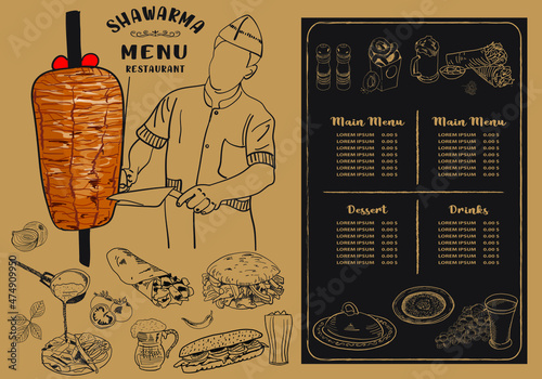 Shawarma cooking and ingredients for kebab. Doner kebab hand drawn. Middle eastern food. Fast food menu design elements. Restaurant cafe menu, template design. Food flyer. Vector.