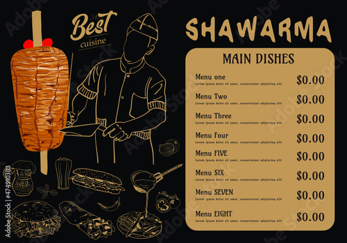 Shawarma cooking and ingredients for kebab. Doner kebab hand drawn. Middle eastern food. Fast food menu design elements. Restaurant cafe menu, template design. Food flyer. Vector.