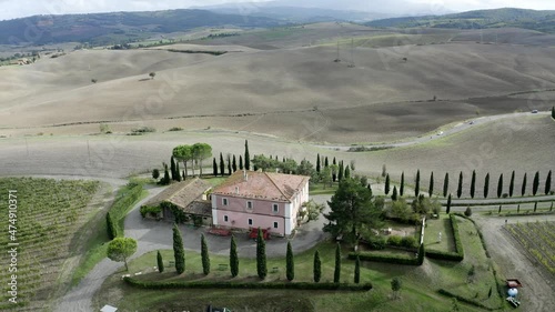 Aerial view, Flifgt at estate with cypress trees, Val d'Orcia; Montalcino, Siena Region, Tuscany, Italy