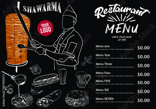 Shawarma cooking and ingredients for kebab. Doner kebab hand drawn. Middle eastern food. Fast food menu design elements. Restaurant cafe menu, template design. Food flyer. Vector.