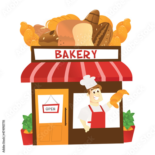 Cartoon Bakery Shop With Storekeeper At the Window