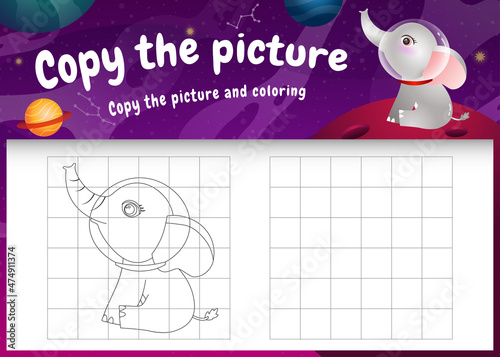 copy the picture kids game and coloring page with a cute elephant in the space galaxy