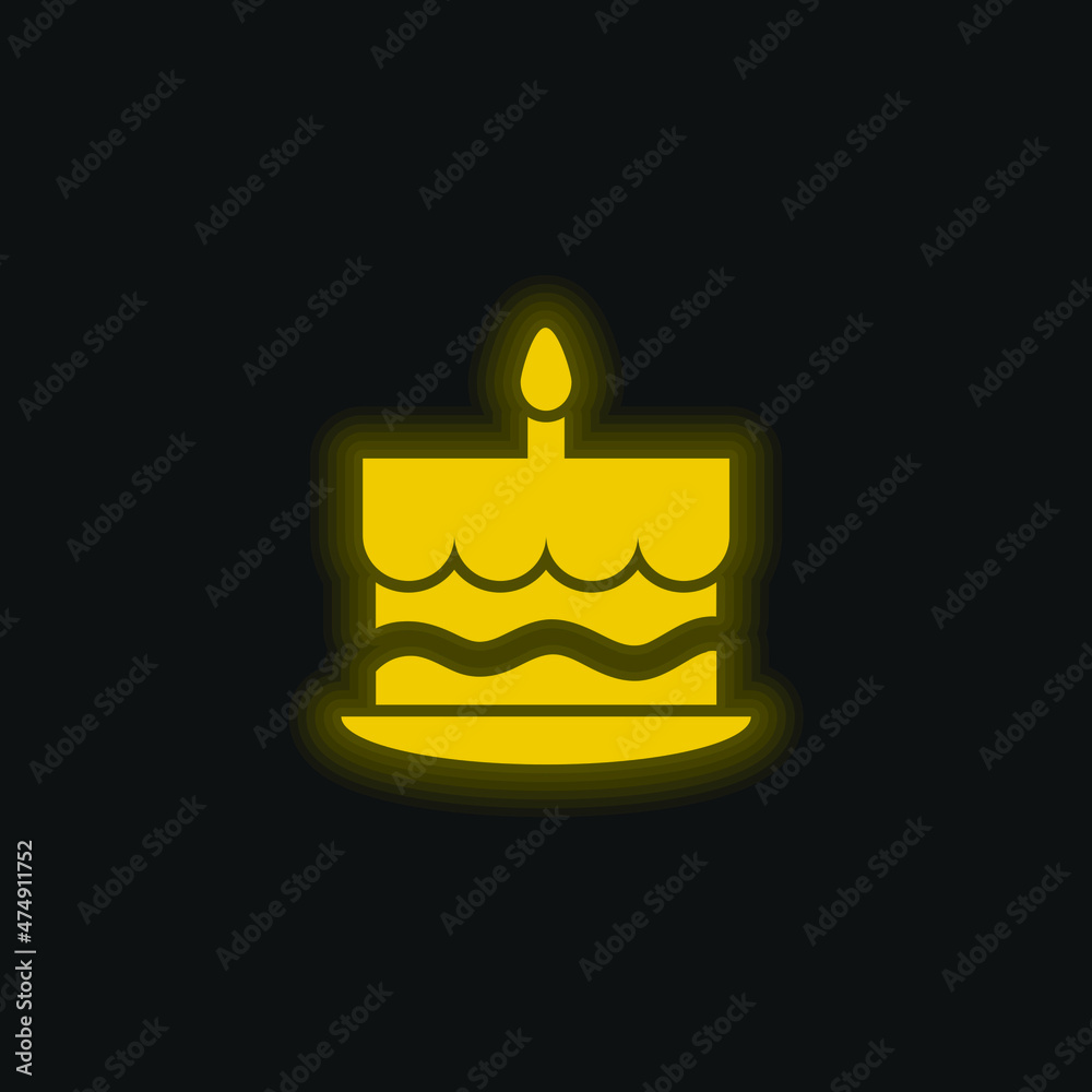Birthday Cake With One Burning Candle On Top yellow glowing neon icon