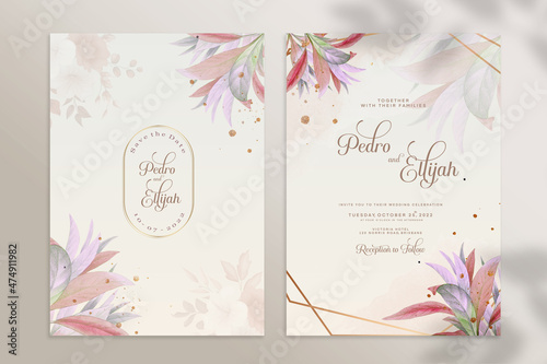 Double Sided Floral Wedding Invitation Template with Purple and Red Flower
