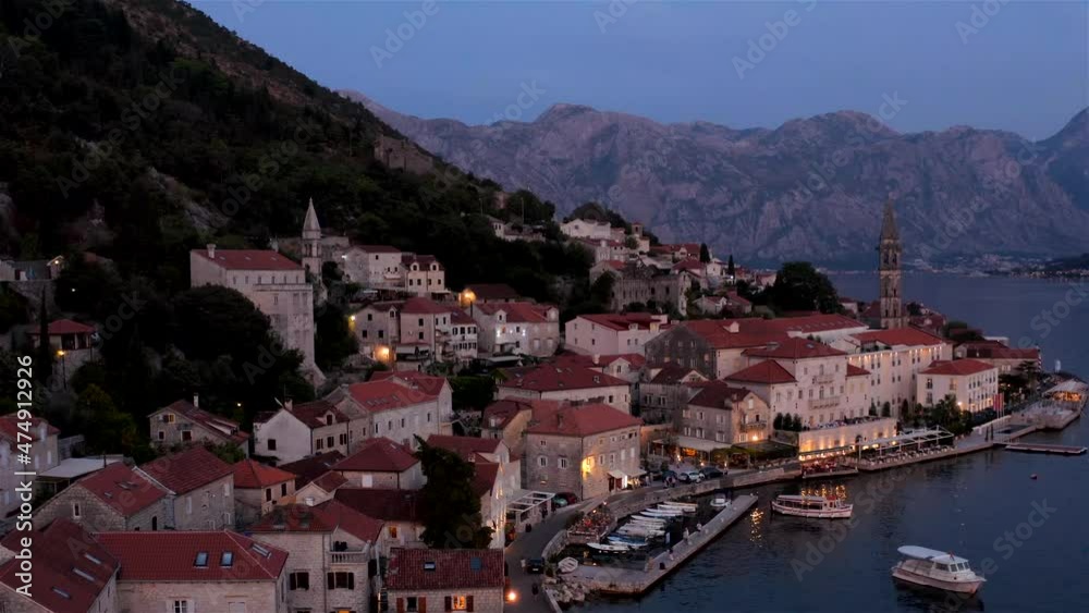 Evening Perast after sunset, Bay of Kotor, Montenegro.