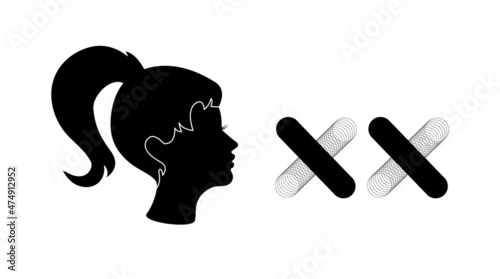 Banner with silhouette of girl face and set of xx chromosomes. Female genome of traits or heredity and relationship. Medical poster with human genotype and DNA symbol. Vector isolated illustration.