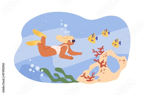 Kid swimming underwater. Happy child under sea water with coral reef and fishes. Girl swimmer in goggles exploring undersea on summer holidays. Flat vector illustration isolated on white background
