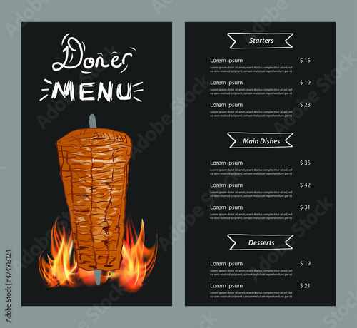 Shawarma cooking and ingredients for kebab. Doner kebab hand drawn. Middle eastern food. Fast food menu design elements. Restaurant cafe menu, template design. Food flyer. Vector.