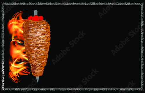 Shawarma cooking and ingredients for kebab. Doner kebab hand drawn. Middle eastern food. Fast food menu design elements. Restaurant cafe menu, template design. Food flyer. Vector.