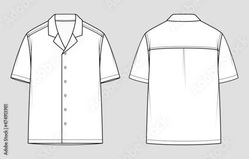 Resort shirt. Short sleeved men's shirt. Relaxed Fit. Vector illustration. Flat technical drawing. Mockup template.	
 photo