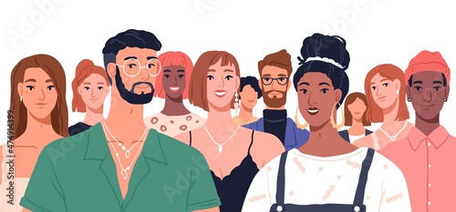 Group of diverse people portrait. Happy young different men and women together. Crowd of international youth. Diversity and unity concept. Flat vector illustration isolated on white background
