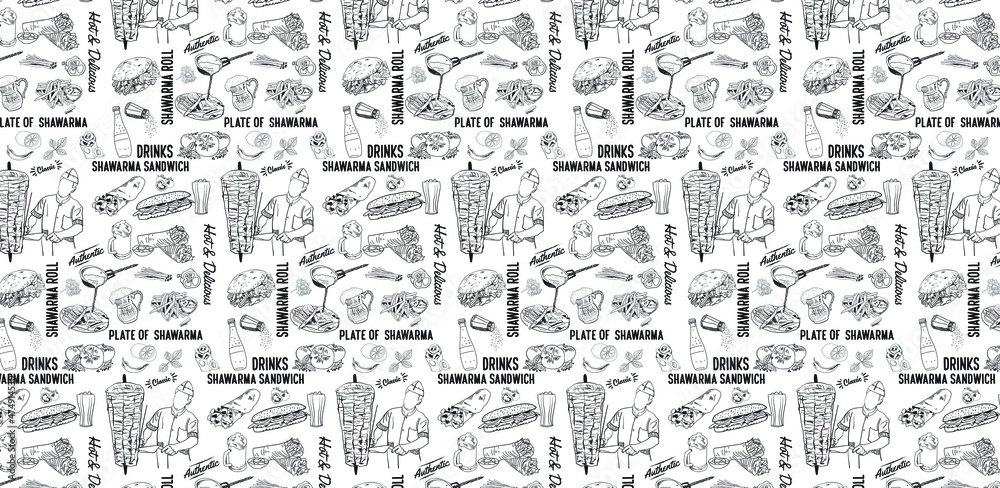 Shawarma cooking and ingredients for kebab. Seamless pattern. Vintage design template, banner. Vector. Shawarma cooking and ingredients for kebab. Seamless pattern. Vintage design template, banner. Vector.