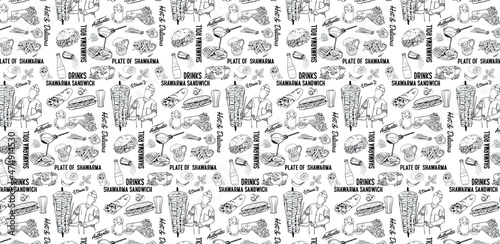 Shawarma cooking and ingredients for kebab. Seamless pattern. Vintage design template  banner. Vector.