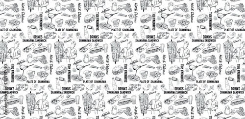 Shawarma cooking and ingredients for kebab. Seamless pattern. Vintage design template, banner. Vector.