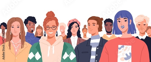 Diverse men and women portrait. Group of happy people of different age, generation and race. Multiracial crowd. Diversity in society concept. Flat vector illustration isolated on white background