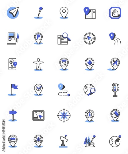 GPS navigation line icons set