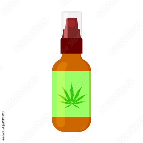 Hemp oil spray in bottle with cannabis leaf on label. CBD product for muscle pain and anxiety relief isolated on white background. Cannabidiol for healthcare. Vector cartoon illustration