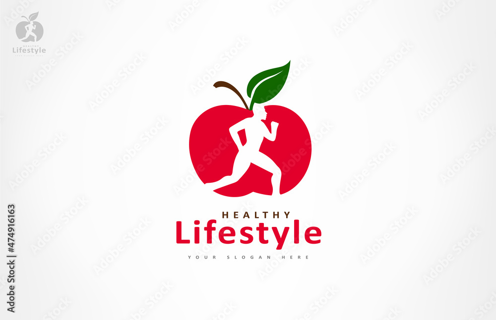 Man and apple logo. Healthy lifestyle. The man is running. Diet and weight loss concept. Red apple.