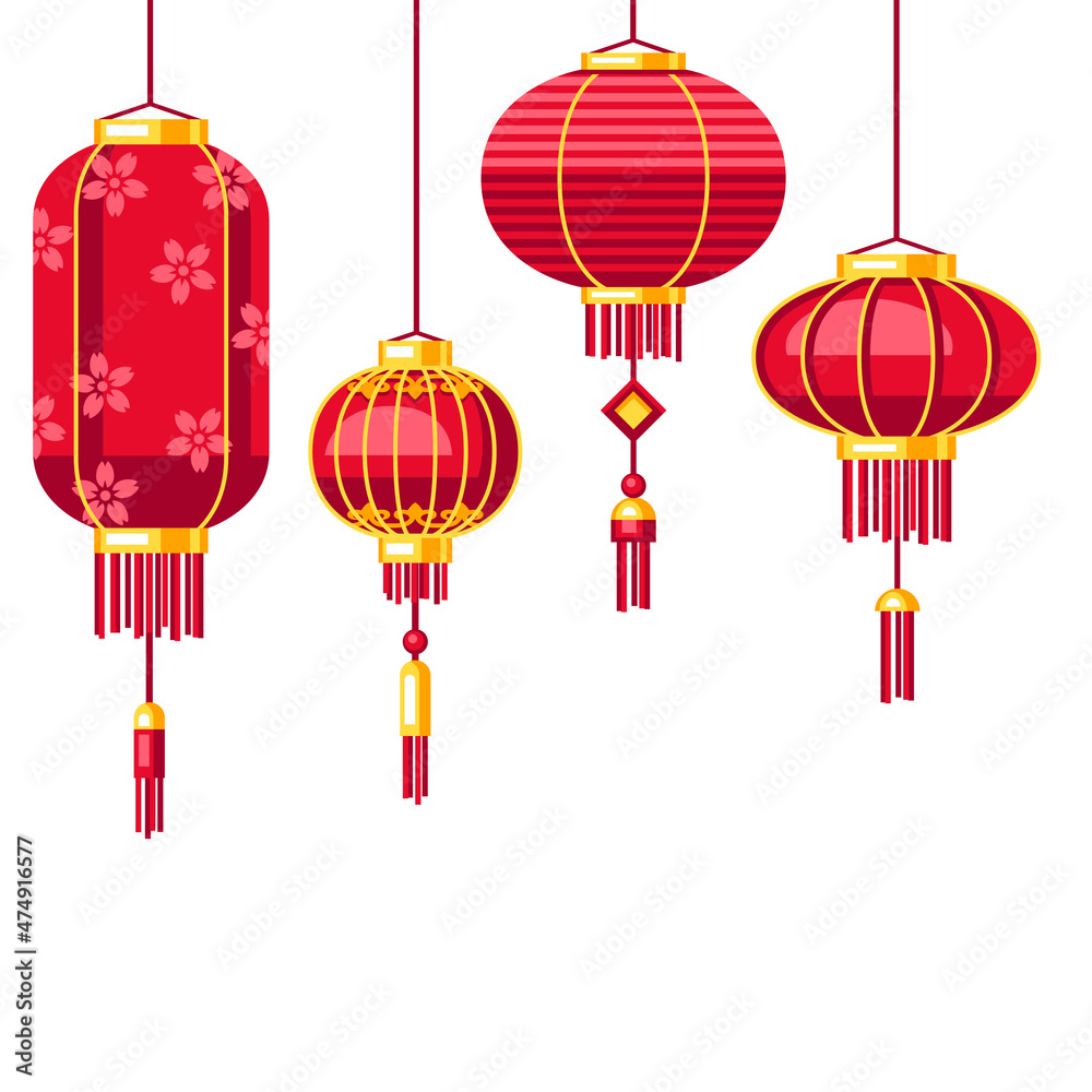 Happy Chinese New Year greeting card with hanging lanterns. Background with talismans and holiday decorations. Asian tradition symbols. Happy Chinese New Year greeting card with hanging lanterns. Background with talismans and holiday decorations. Asian tradition symbols.