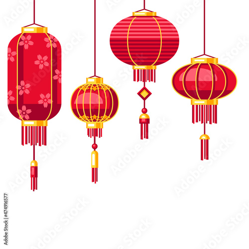 Happy Chinese New Year greeting card with hanging lanterns. Background with talismans and holiday decorations. Asian tradition symbols.