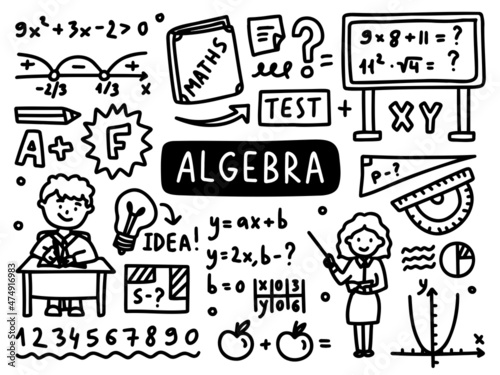 Maths doodle line set school university. Algebra Outline subject. Mathematics. 