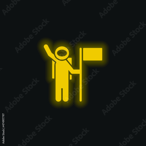 Astronaut With A Flag yellow glowing neon icon