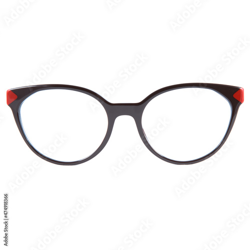 Sun goggles and glasses for vision in red frames Red glasses frames on white background