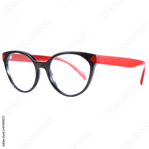 Sun goggles and glasses for vision in red frames Red glasses frames on white background