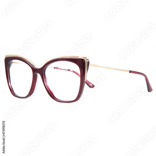 Sun goggles and glasses for vision in red frames
Red glasses frames on white background