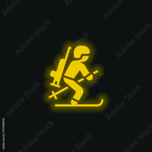Biathlonist yellow glowing neon icon