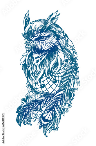 Owl in patterns and feathers with a dream catcher 