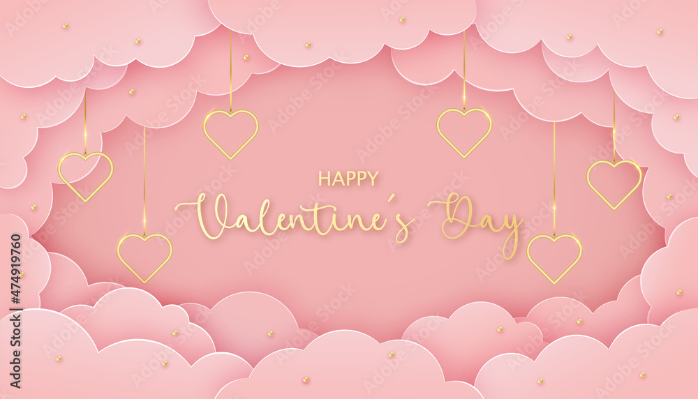 Happy Valentine's Day greeting card in paper cut style. Gold hearts and paper clouds on pink background.