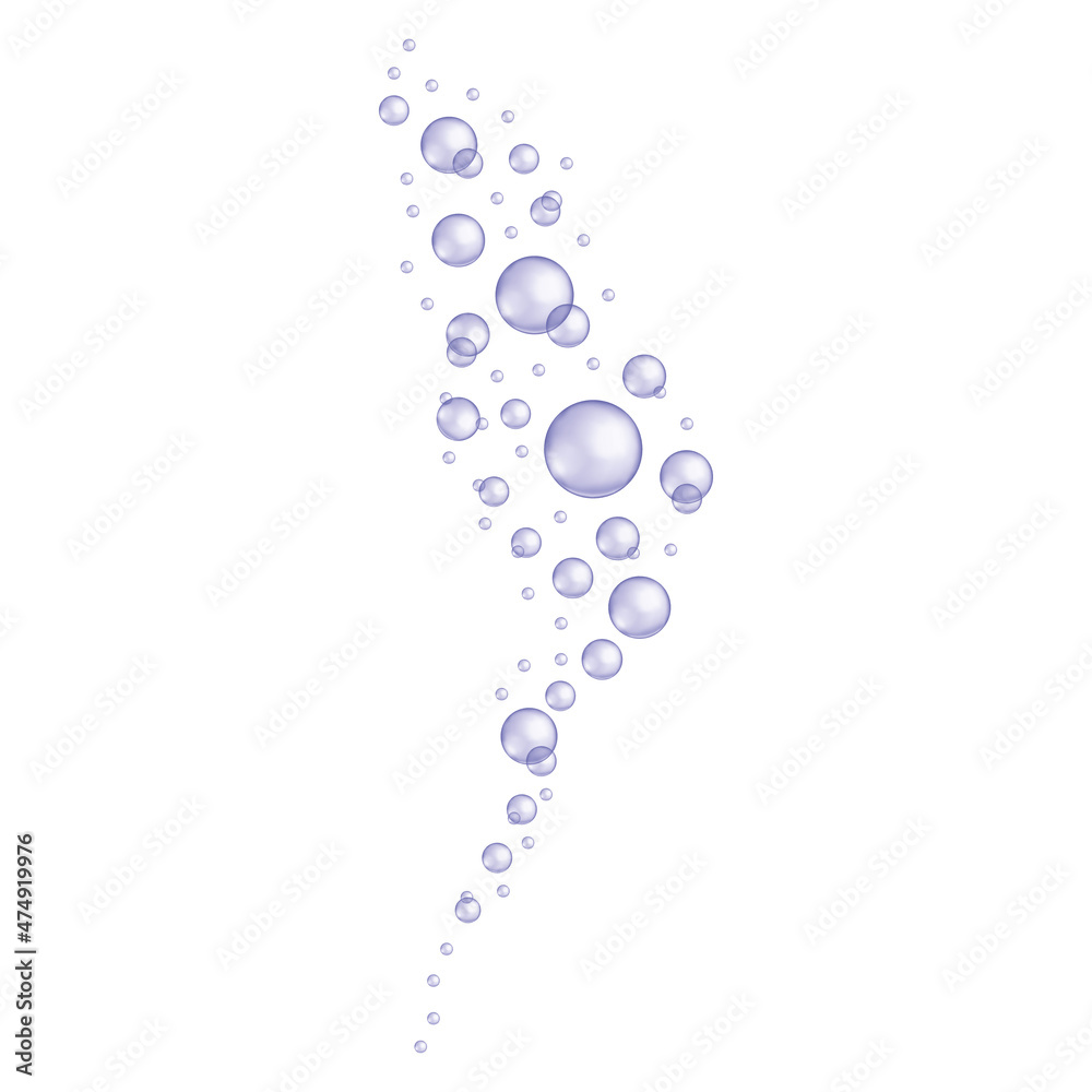 Purple underwater oxygen bubbles stream. Soap or cleanser foam, bath sud, fizzy carbonated drink effect. Trendy very peri color. Vector realistic illustration. Purple underwater oxygen bubbles stream. Soap or cleanser foam, bath sud, fizzy carbonated drink effect. Trendy very peri color. Vector realistic illustration.
