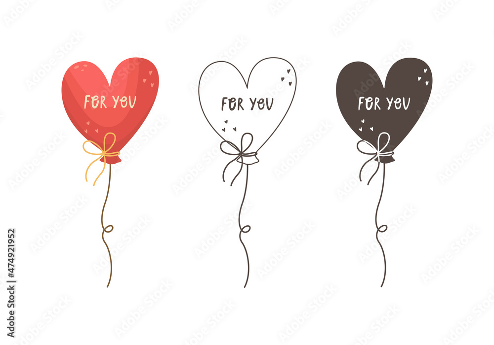 Set of vector illustrations of a heart-shaped balloons. Illustration for Valentine's Day in outlines, flat and simple style.