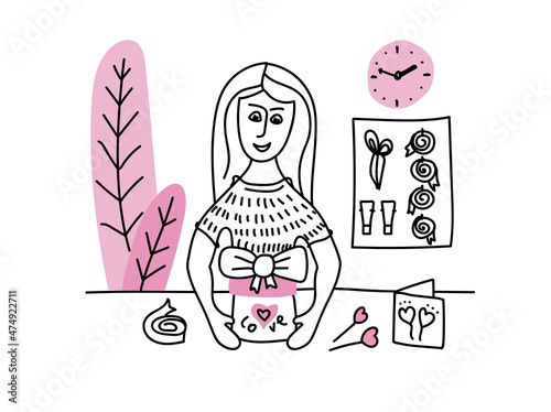 Wrapping pleasant surprise. Young girl seller wrapper and decorates a gift. Doodle Card for Valentines Day. Love poster and postcard. Hand drawn line art vector illustration.