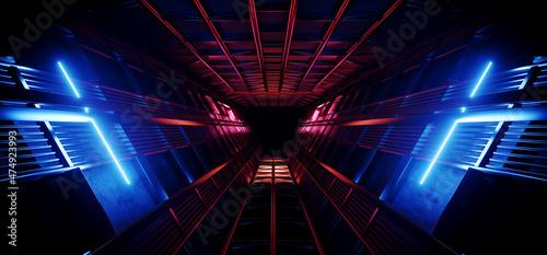 Fototapeta Naklejka Na Ścianę i Meble -  Triangle Neon Laser Fluorescent Purple Red Blue Glowing Sci Fi Futuristic Warehouse Hangar  Spaceship Realistic Showroom Steel Metal Frame Corridor Tunnel Dark Underground Basement 3D Rendering