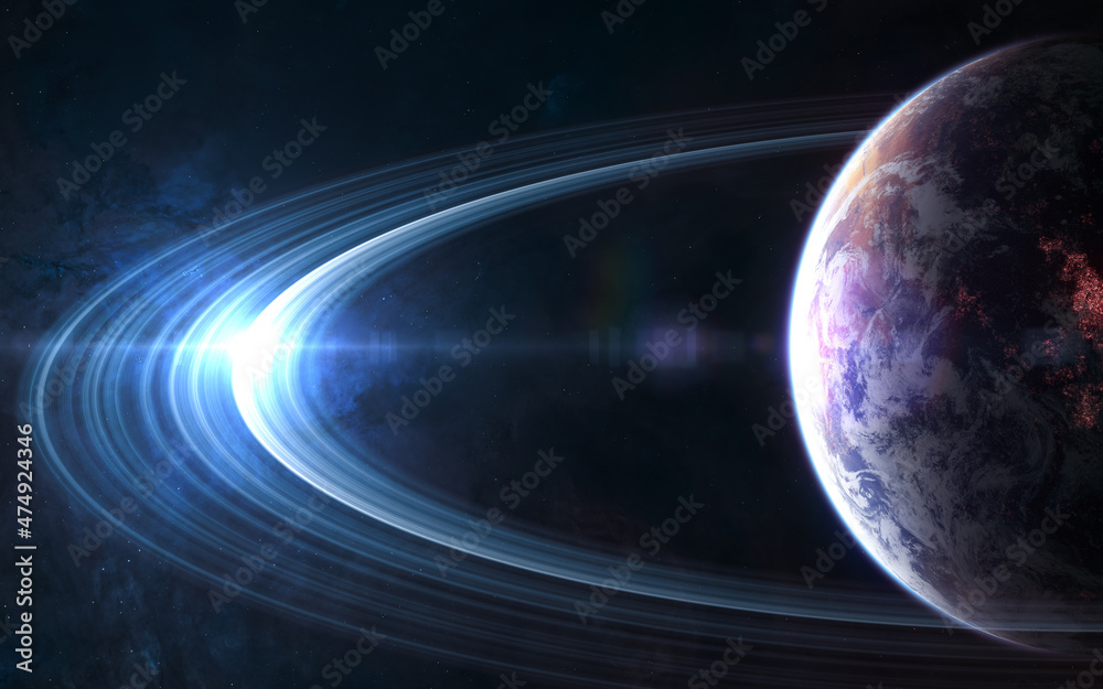 Beautiful space landscape. Inhabited planet of deep space in light of blue star. Science fiction. Elements of this image furnished by NASA