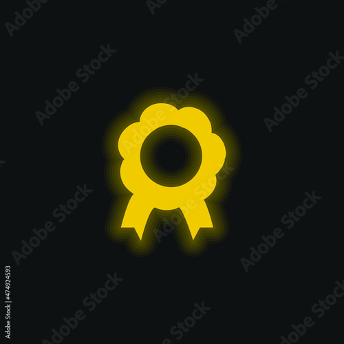 Award Flower Shape Symbolic Medal With Ribbon Tails yellow glowing neon icon