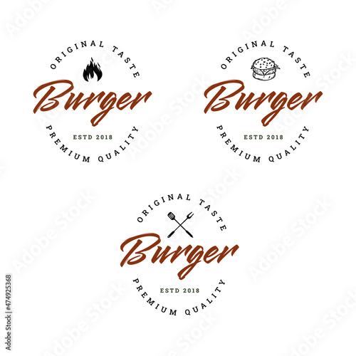 Burger vector label or logo. Burger house illustrated emblem.